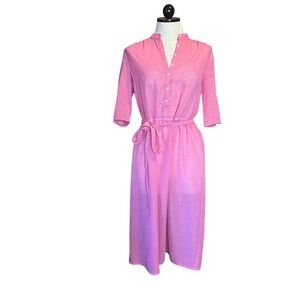Vintage California Girl Pink Midi Shirt Dress Size 6 Linen Look Button Front Tie